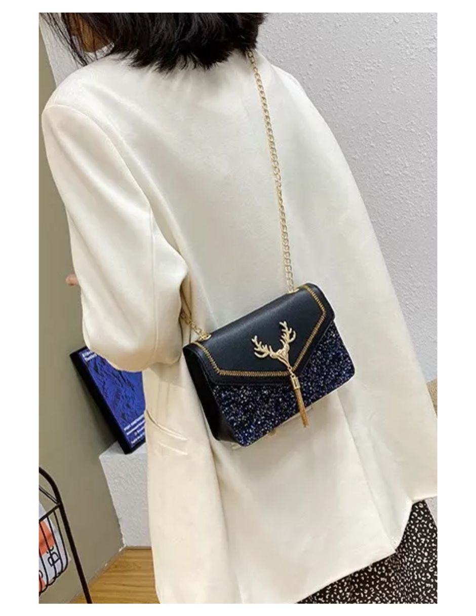 Bolsa Pequeño Crossbody De Dama Elegante Y Moda Mensajero Color Negro con Plata