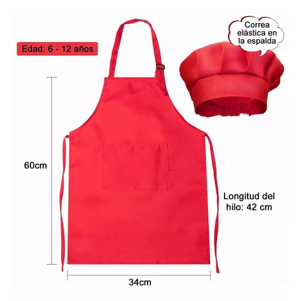 Disfraz Chef Máster Niños Cocinero Gorro Para Niño Niña 3 pcs Rojo/Negro/Blanco