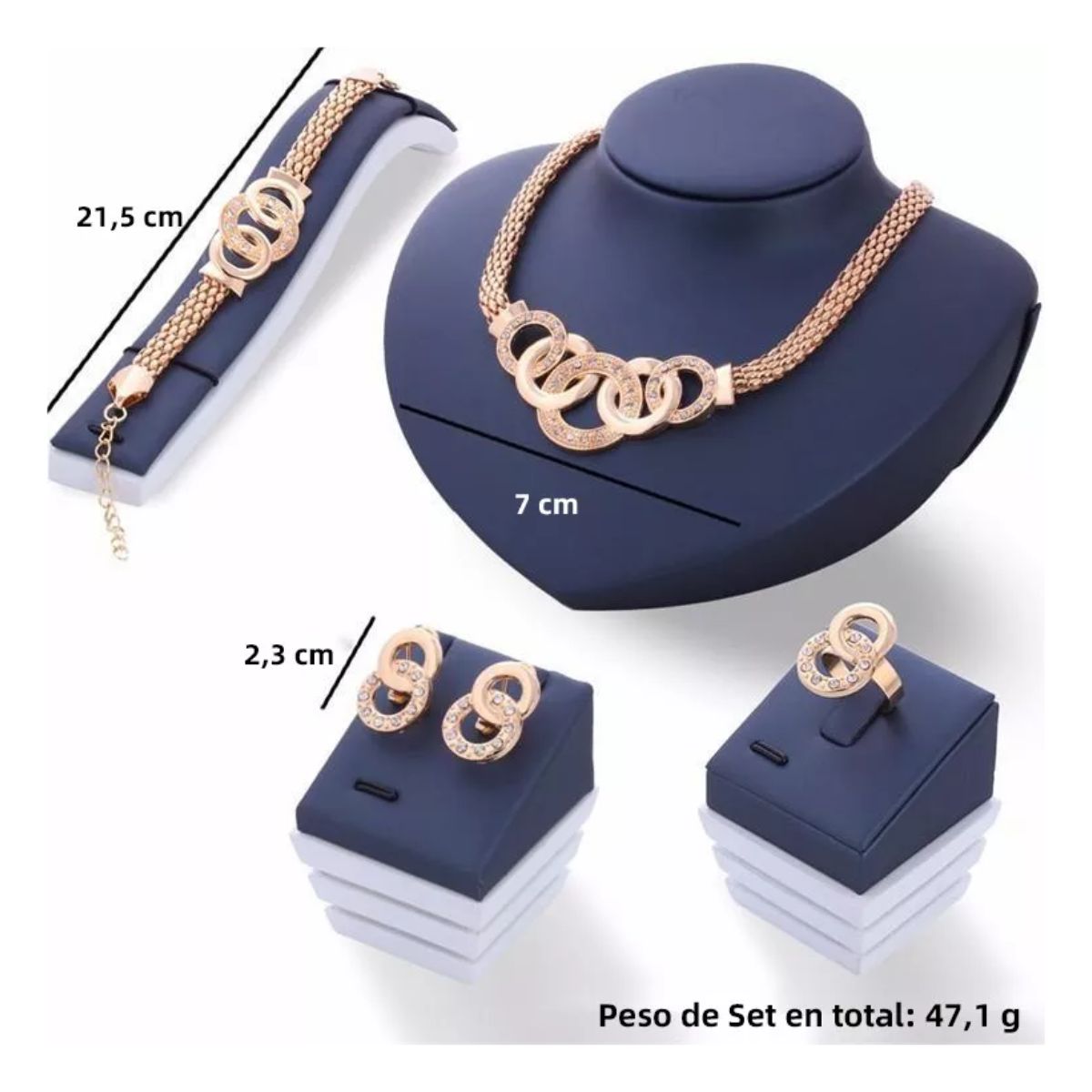 Juego De Joyas Moda 5 Pcs, Collar, Pulsera, Aretes , Anillos dorado