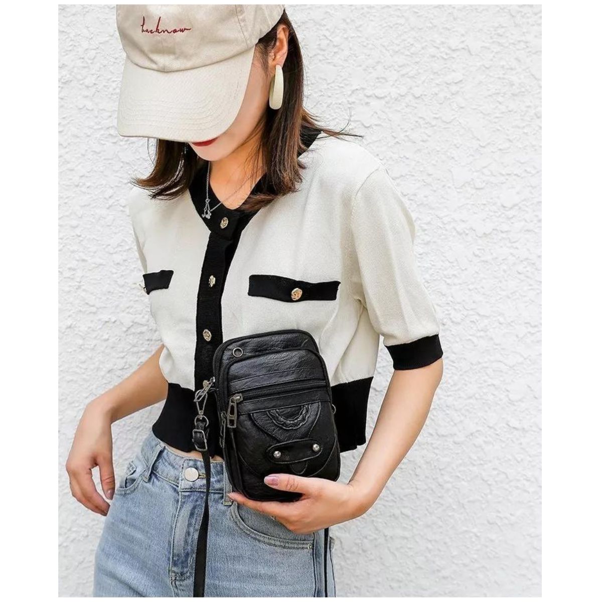Bolso Bandolera Cruzada Mochila De Mano De Cuero Sintético Negro