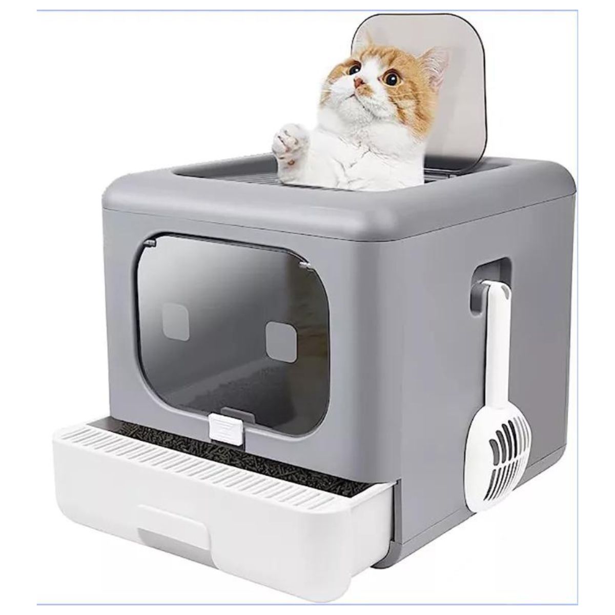 Caja De Arena Plegable Portátil For Gatos Con Puerta Y Tapa gRIS 