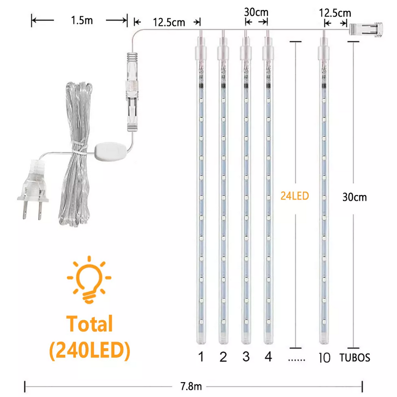 Luces De Lluvia Meteoritos 30cm 10 Tubos 240 Led Para Jardin Color de las luces Blanco cálido