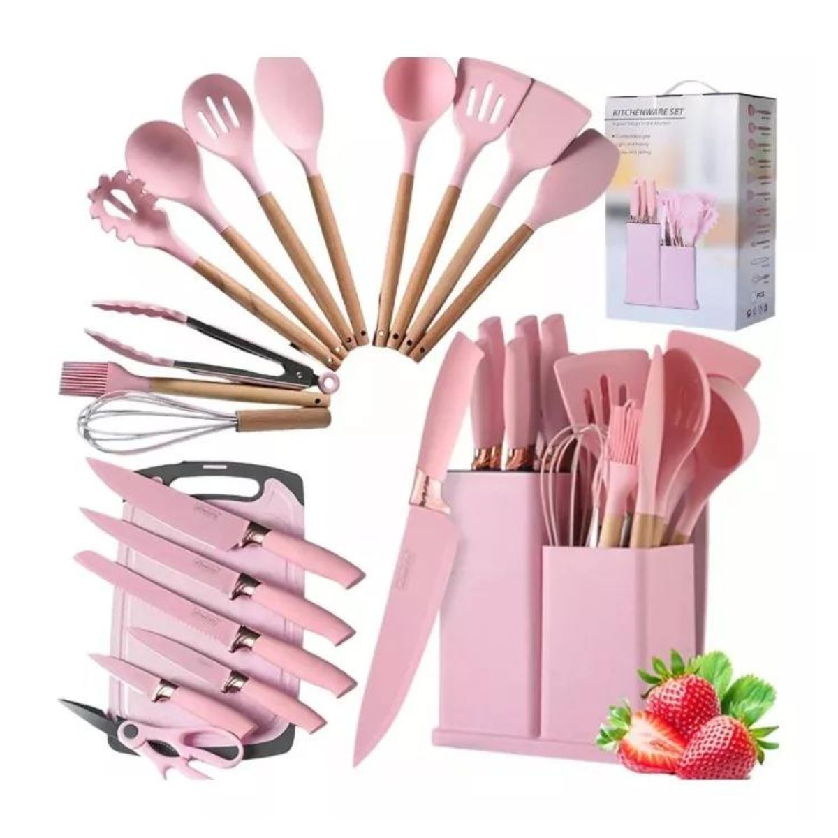 Utensilios De Silicona Cocina Juego De Cuchillo 19 Set rosa