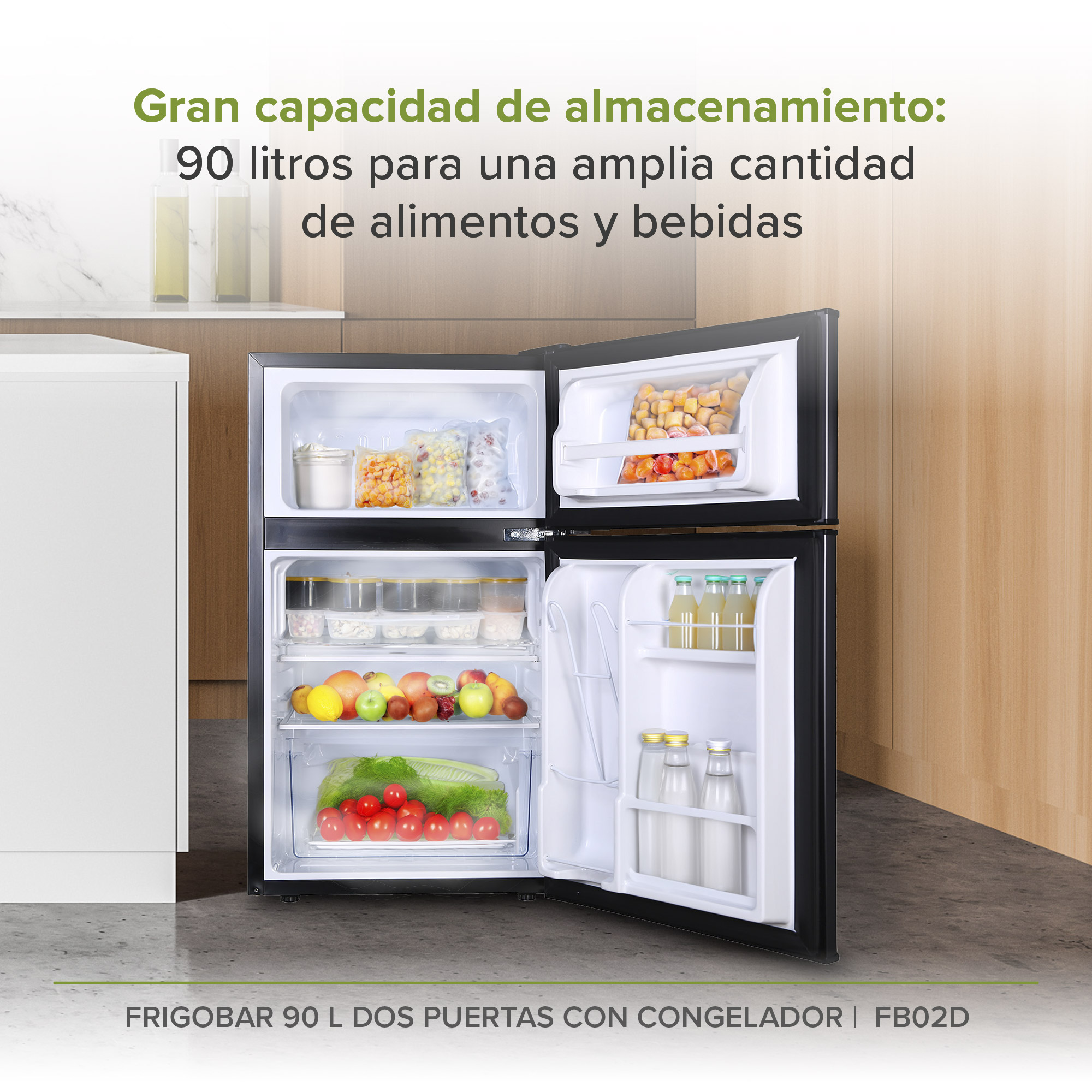 Frigobar Negro 3.2 Pies 90 L Dos Puertas Con Congelador  Avera FB02D