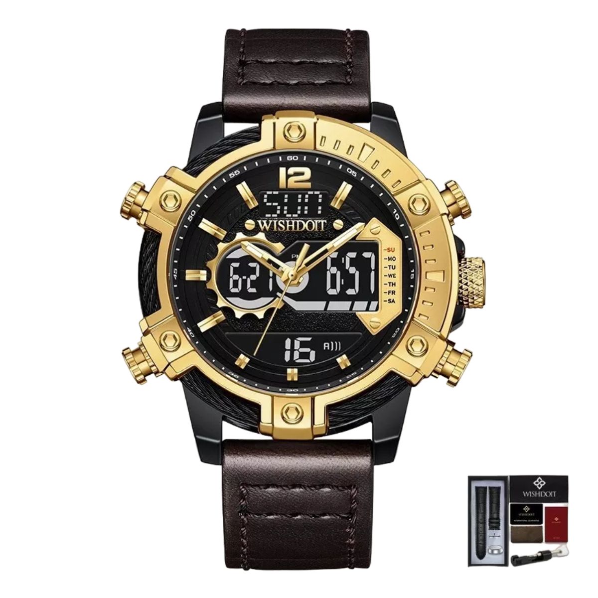 Reloj Wishdoit Analógico-digital Con Led Y Correa De Cuero Marron Negro