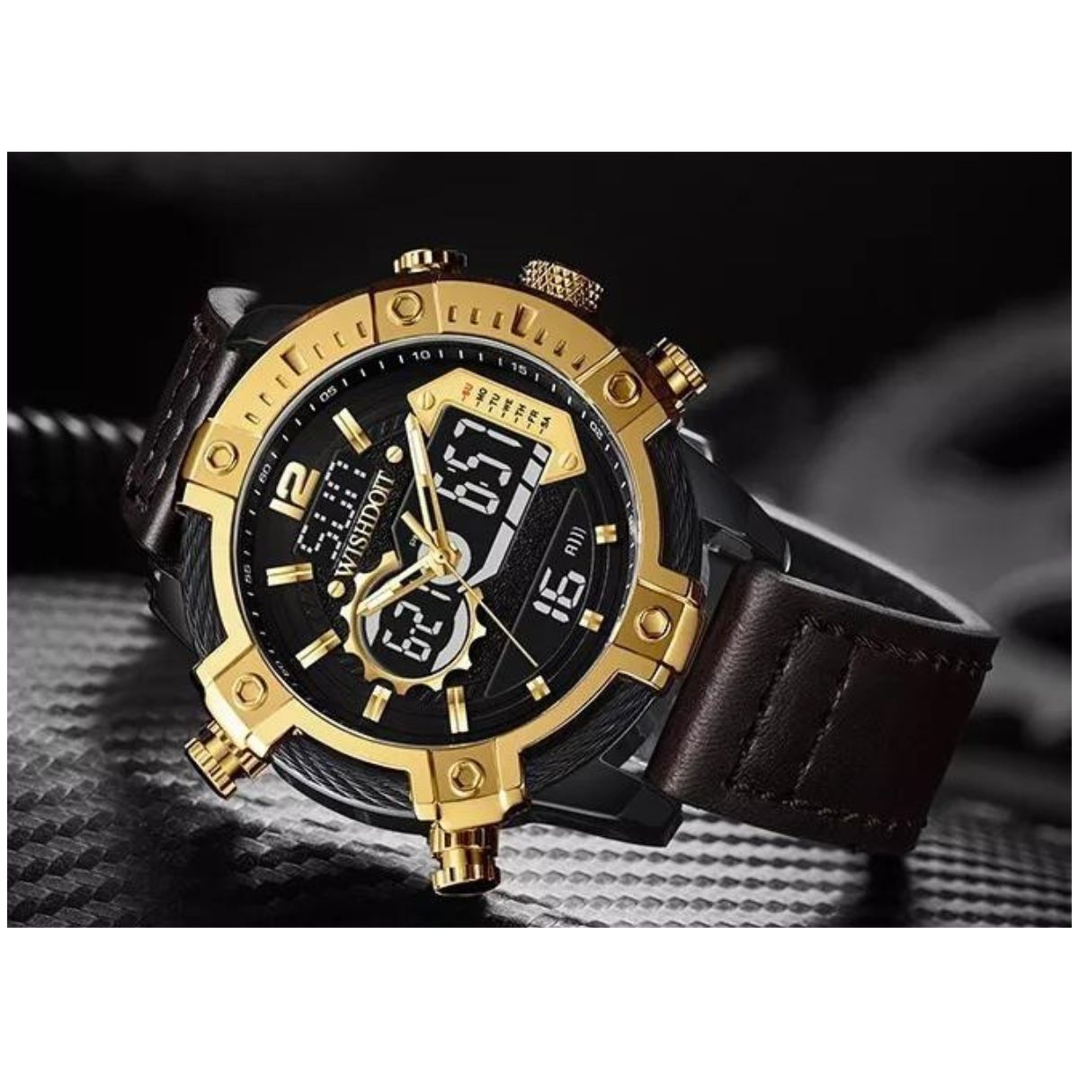 Reloj Wishdoit Analógico-digital Con Led Y Correa De Cuero Marron Negro