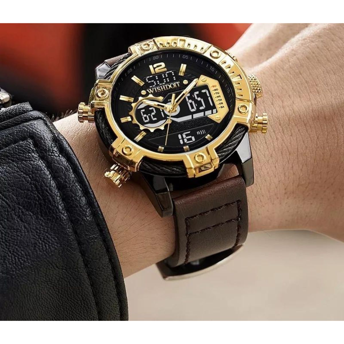 Reloj Wishdoit Analógico-digital Con Led Y Correa De Cuero Marron Negro