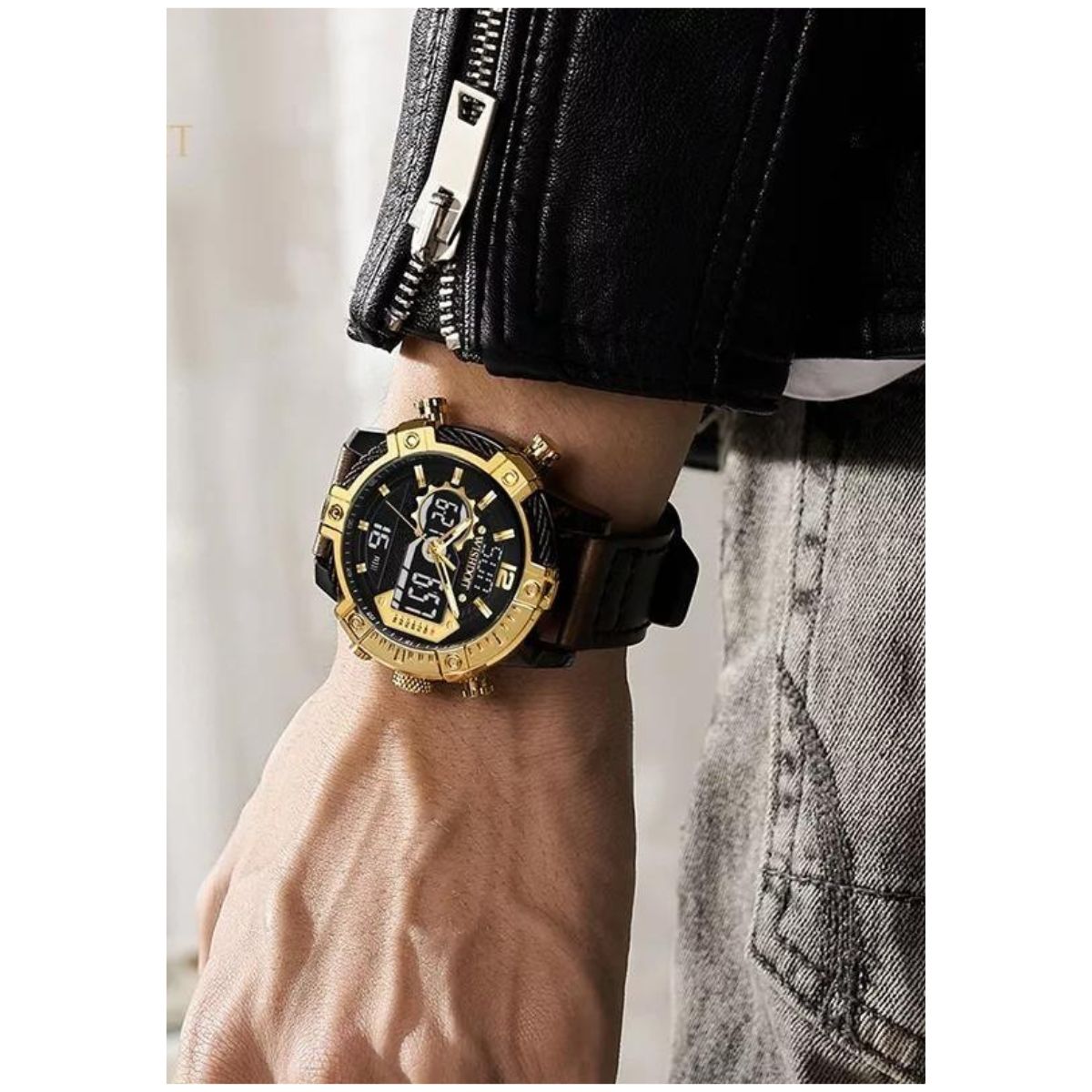 Reloj Wishdoit Analógico-digital Con Led Y Correa De Cuero Marron Negro