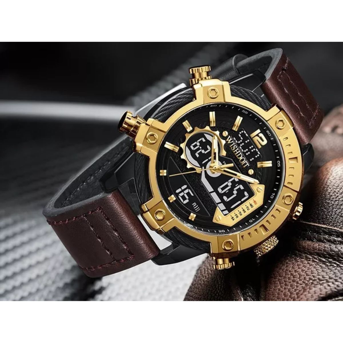 Reloj Wishdoit Analógico-digital Con Led Y Correa De Cuero Marron Negro