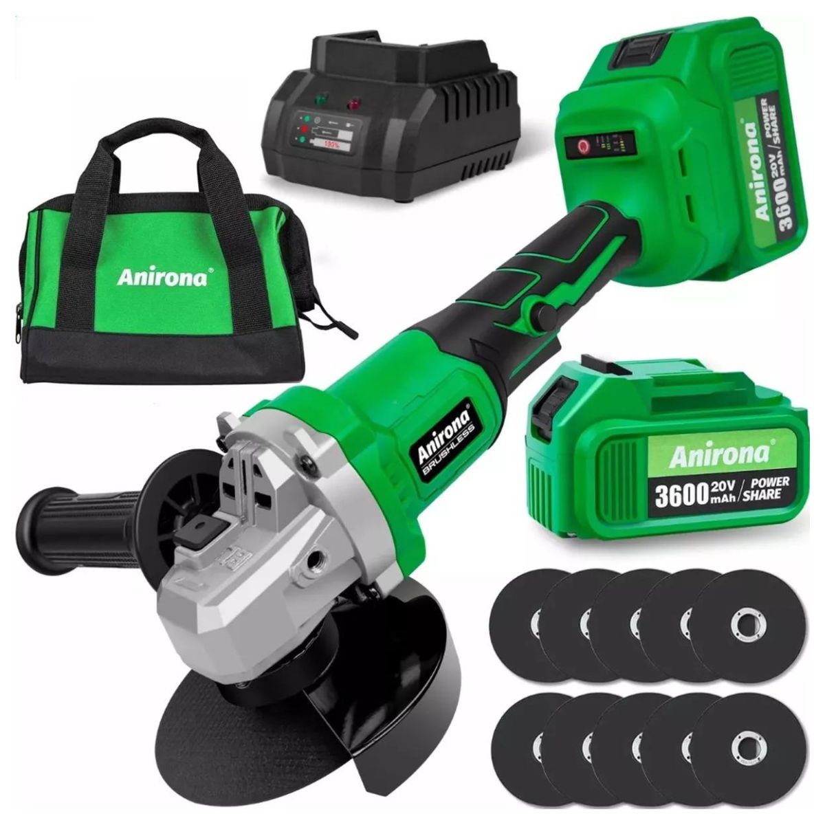 Esmeriladora Angular Inalámbrica 4-1/2 Sin Carbones Anirona, Color Verde
