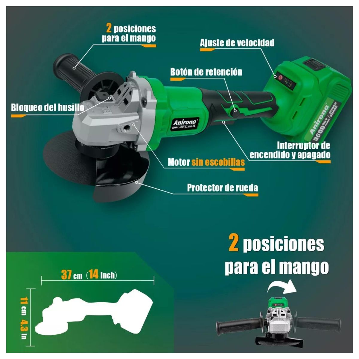 Esmeriladora Angular Inalámbrica 4-1/2 Sin Carbones Anirona, Color Verde