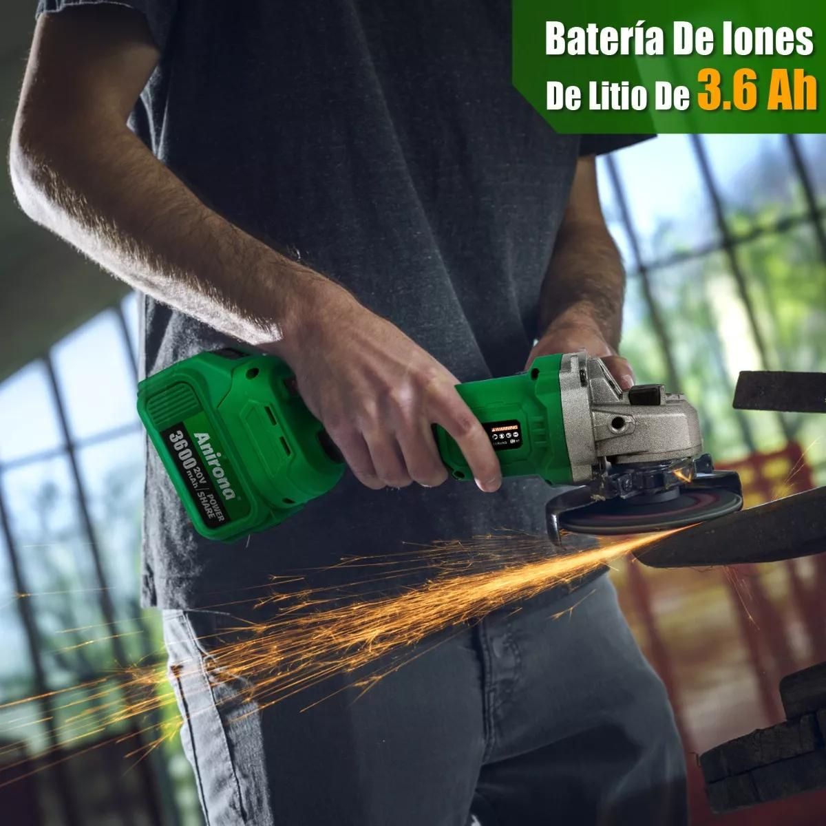 Esmeriladora Angular Inalámbrica 4-1/2 Sin Carbones Anirona, Color Verde