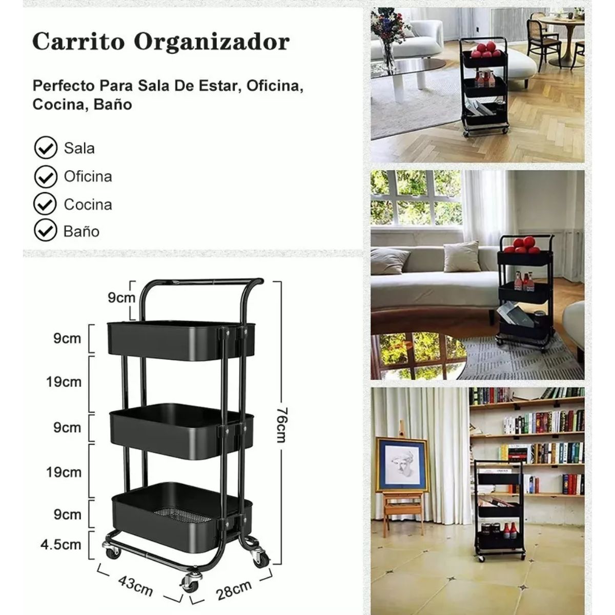 Carrito Organizador Multiusos 3 Niveles Metálico Con Ruedas Negro