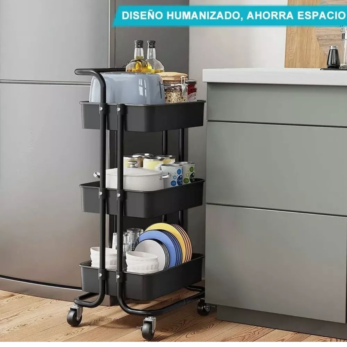 Carrito Organizador Multiusos 3 Niveles Metálico Con Ruedas Negro