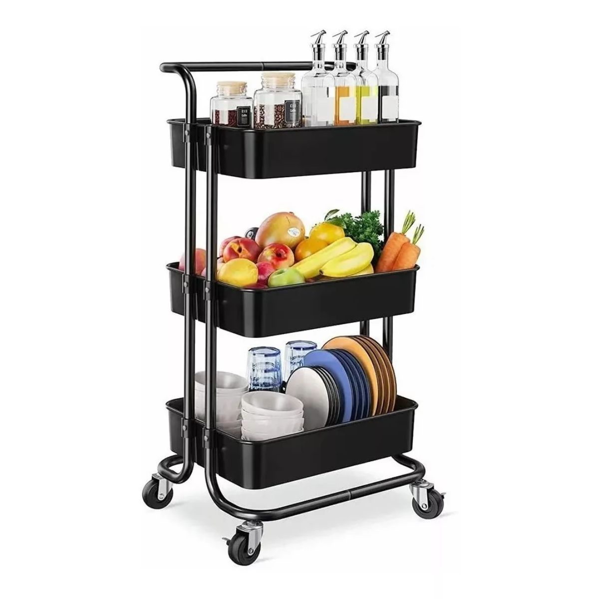 Carrito Organizador Multiusos 3 Niveles Metálico Con Ruedas Negro