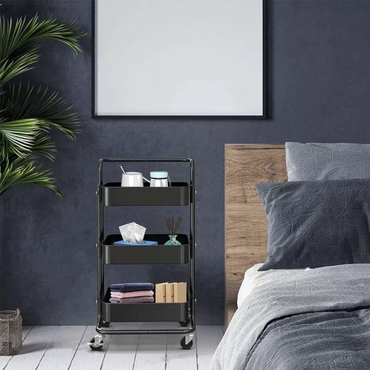 Carrito Organizador Multiusos 3 Niveles Metálico Con Ruedas Negro
