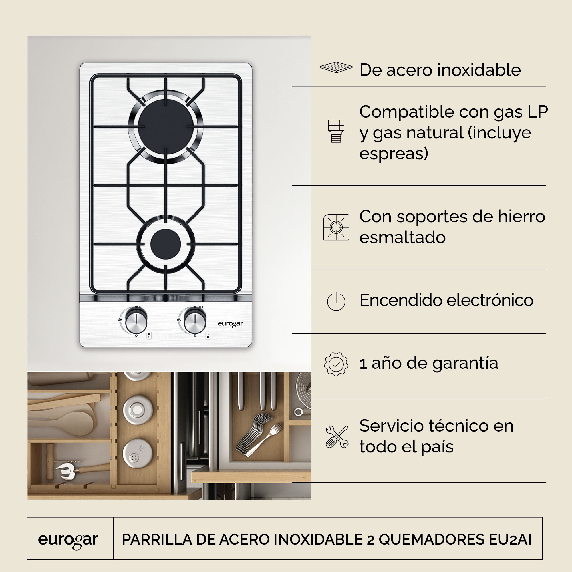 Parrilla A Gas 2 Quemadores Acero Inoxidable Eurogar EU2A1