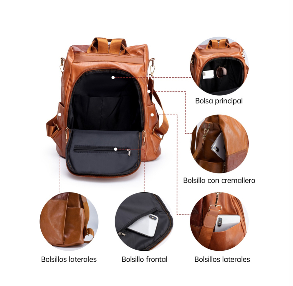 Mochila Para Mujer Dama Para Niña Diseño De Costura Antirrobo Impermeable PU Marron 