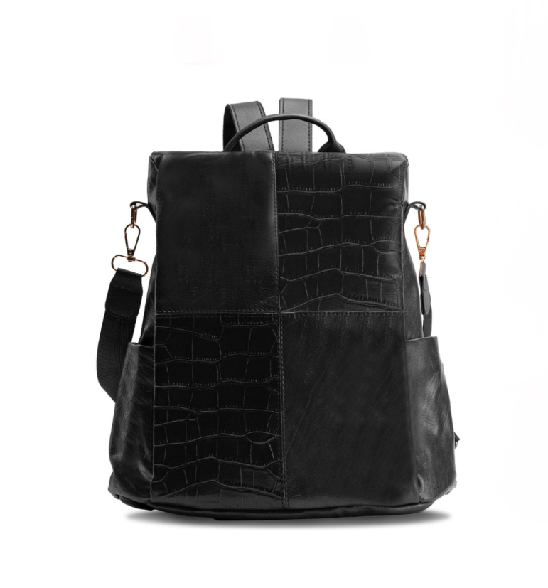 Mochila Para Mujer Dama Para Niña Diseño De Costura Antirrobo Impermeable PU Negro