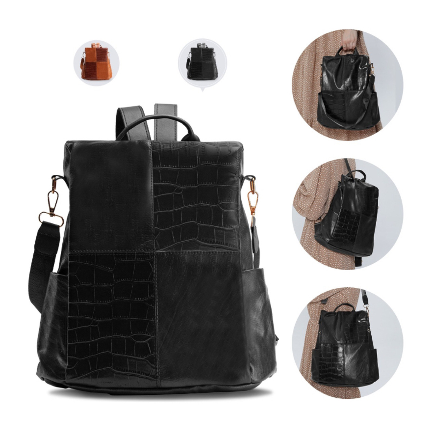 Mochila Para Mujer Dama Para Niña Diseño De Costura Antirrobo Impermeable PU Negro