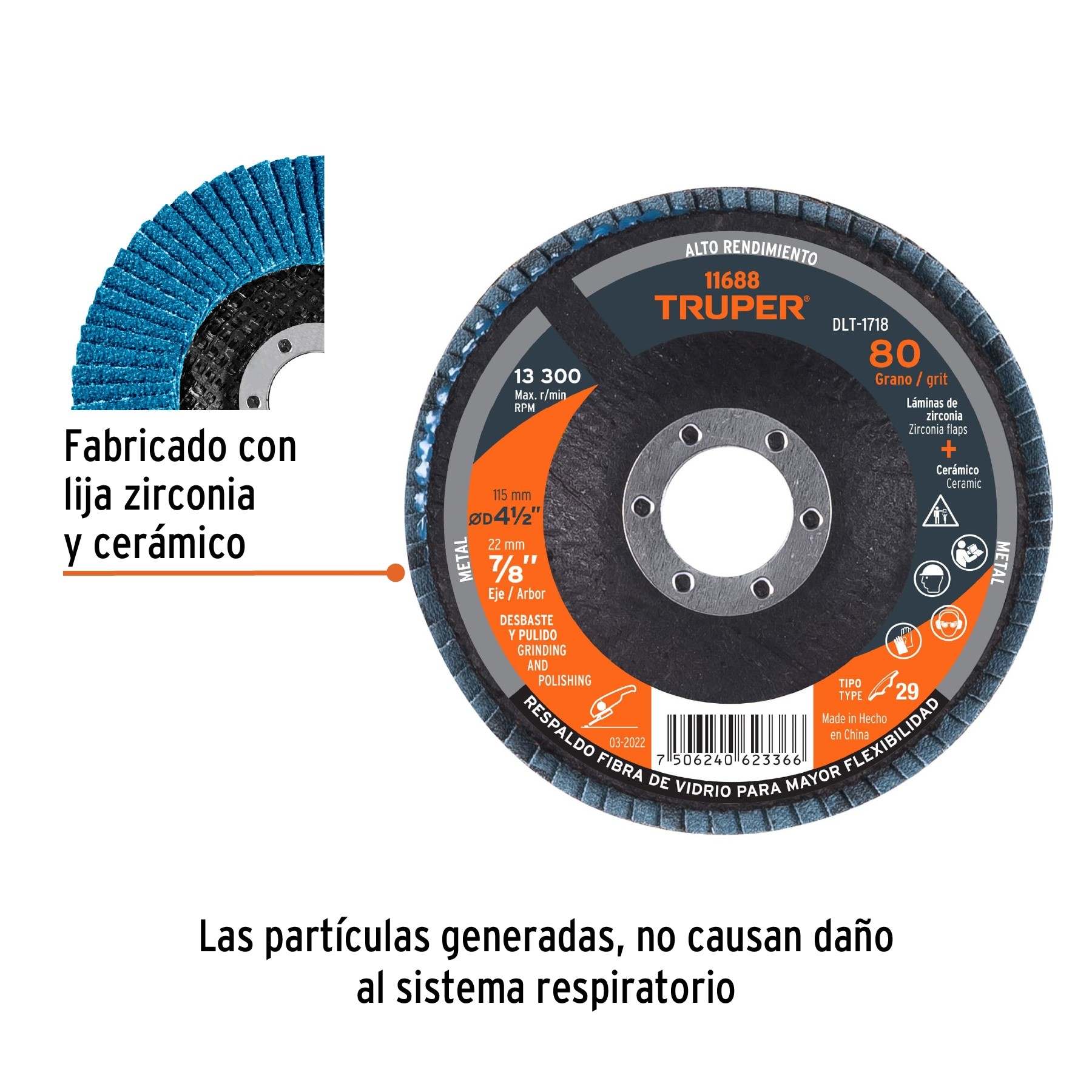 DISCO 4-1/2" LAMINADO GRANO 80 CENTRO 7/8", TRUPER 11688