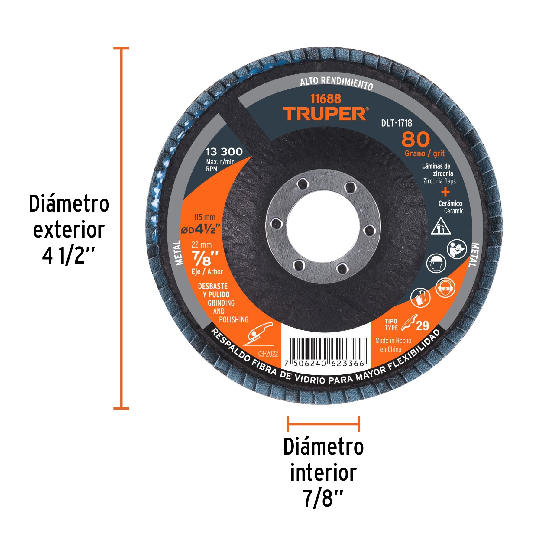 DISCO 4-1/2" LAMINADO GRANO 80 CENTRO 7/8", TRUPER 11688