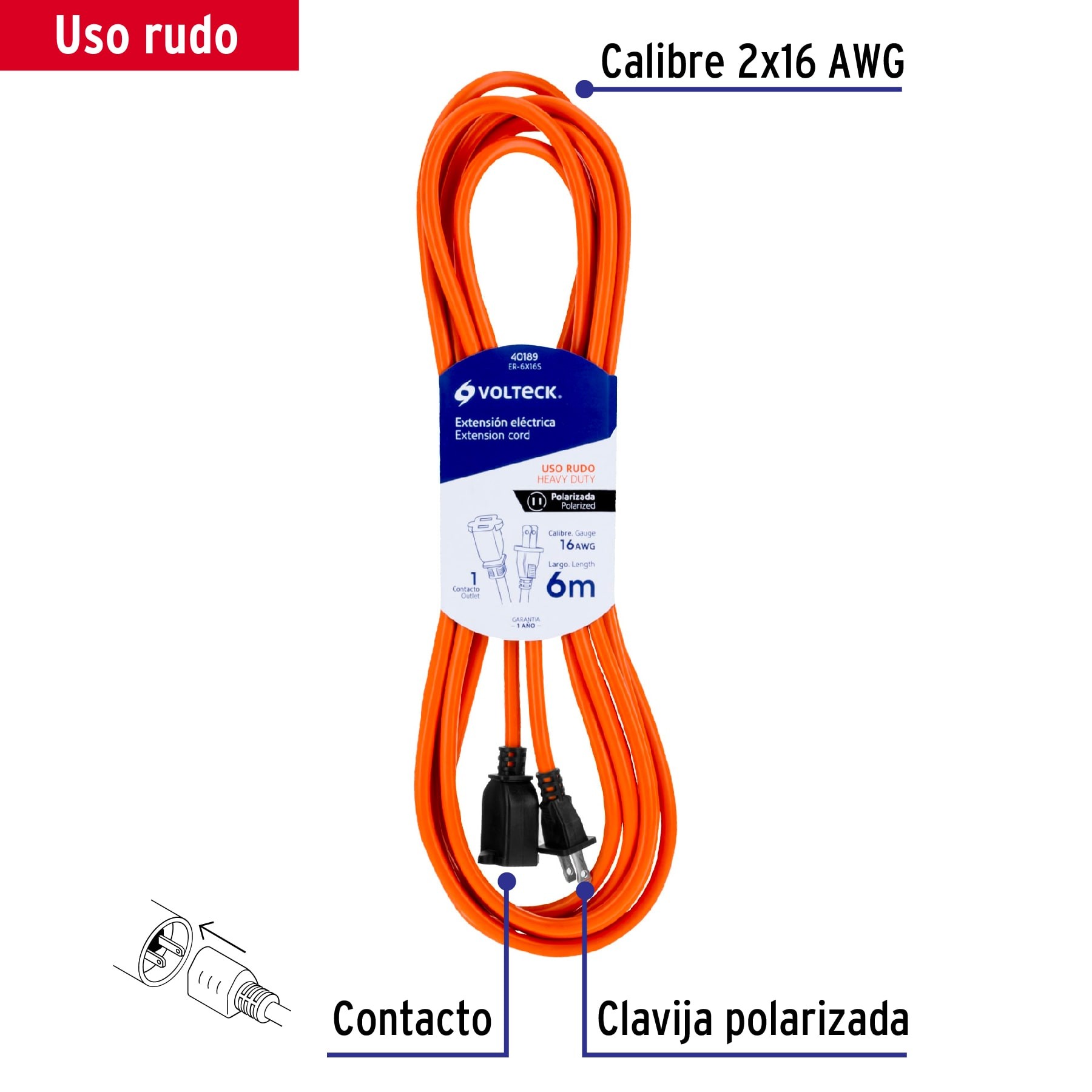 EXTENSIÓN ELÉCTRICA USO RUDO 6M 2X16 AWG PARA 1 CLAVIJA VOLTECK 40189