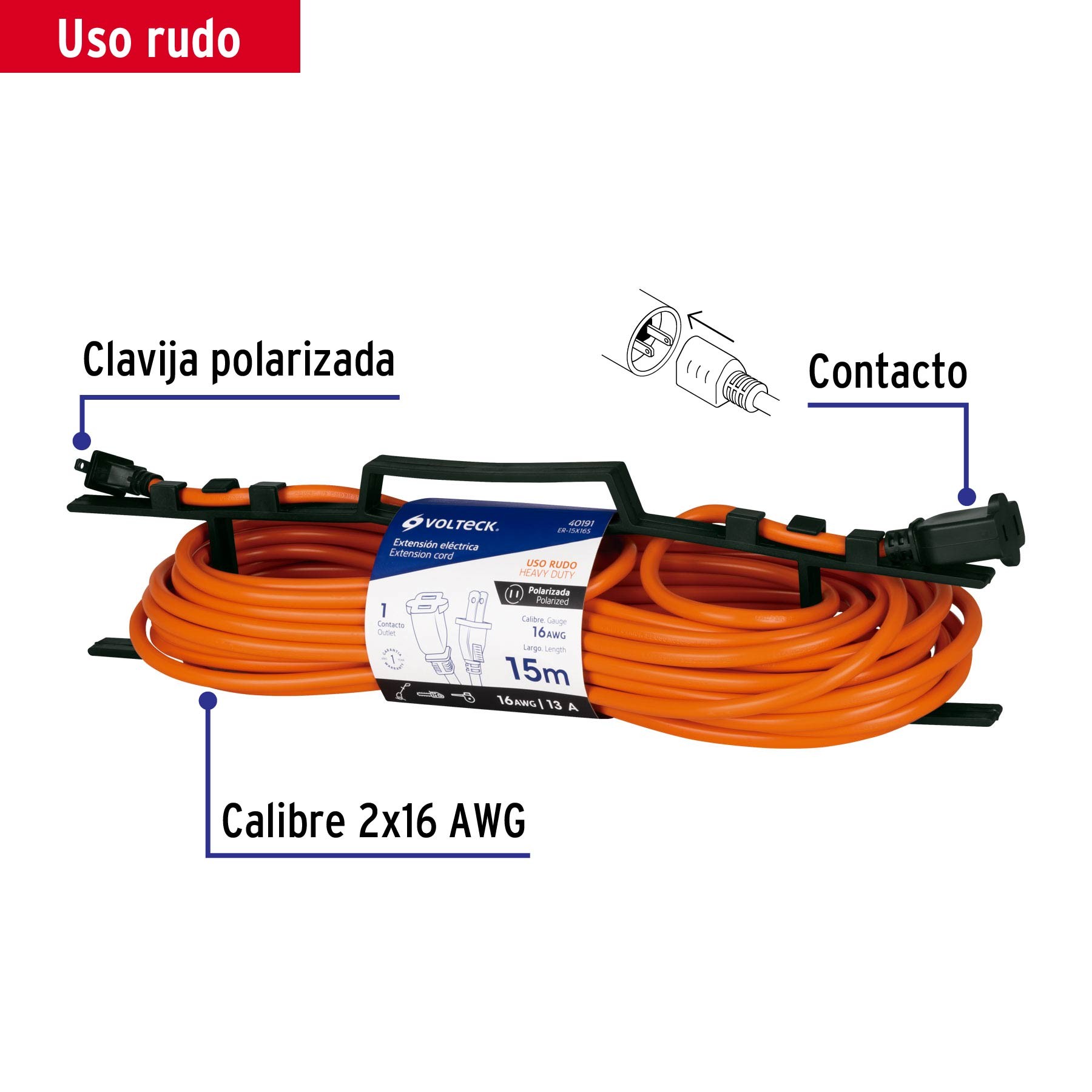 EXTENSIÓN ELÉCTRICA USO RUDO 15 M 2X16 AWG PARA 1 CLAVIJA VOLTECK 40191
