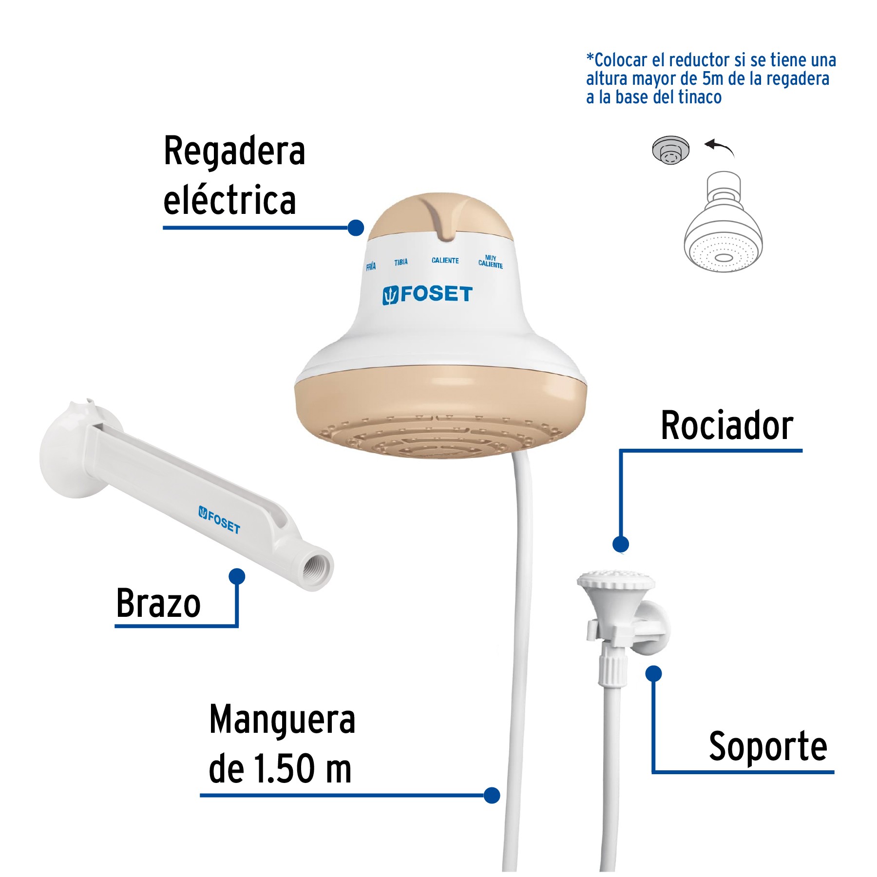 REGADERA ELÉCTRICA DE 4 TEMPERATURAS, 6-1/2", BEIGE, FOSET 40240