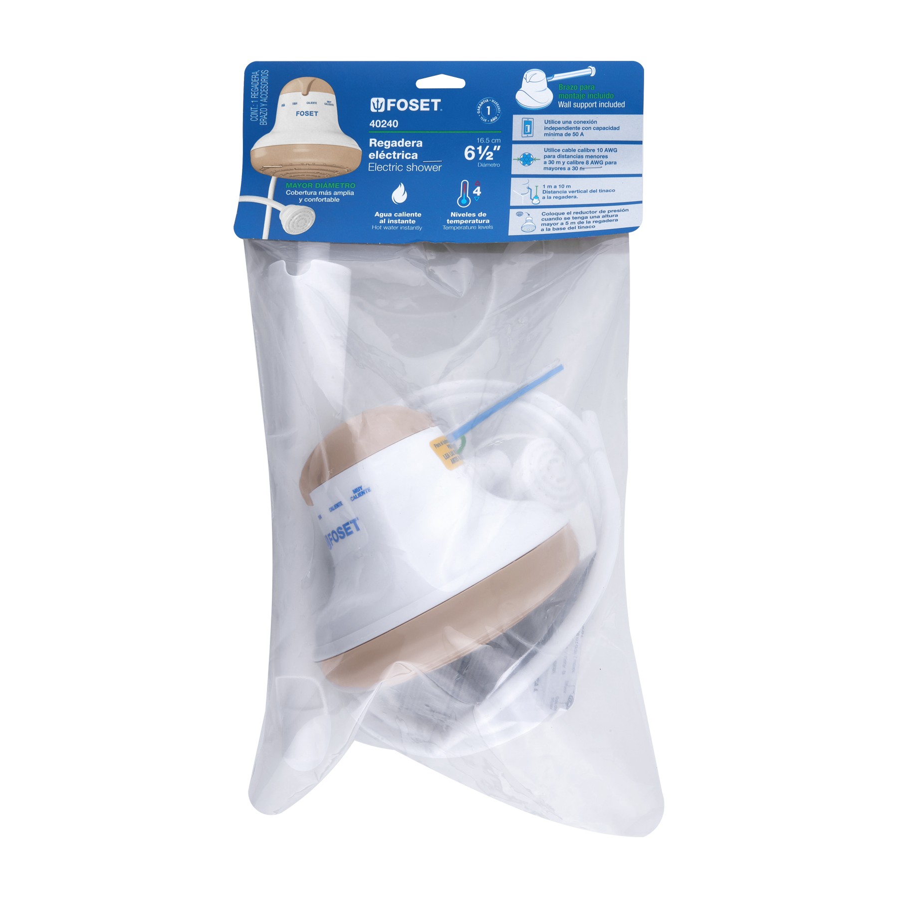 REGADERA ELÉCTRICA DE 4 TEMPERATURAS, 6-1/2", BEIGE, FOSET 40240
