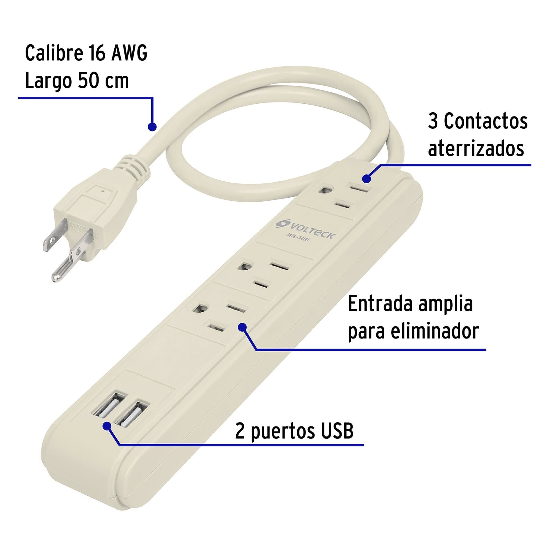 MULTICONTACTO 16 AWG 3 ENTRADAS 2 PUERTOS USB SUPRESOR 300 J VOLTECK 46089