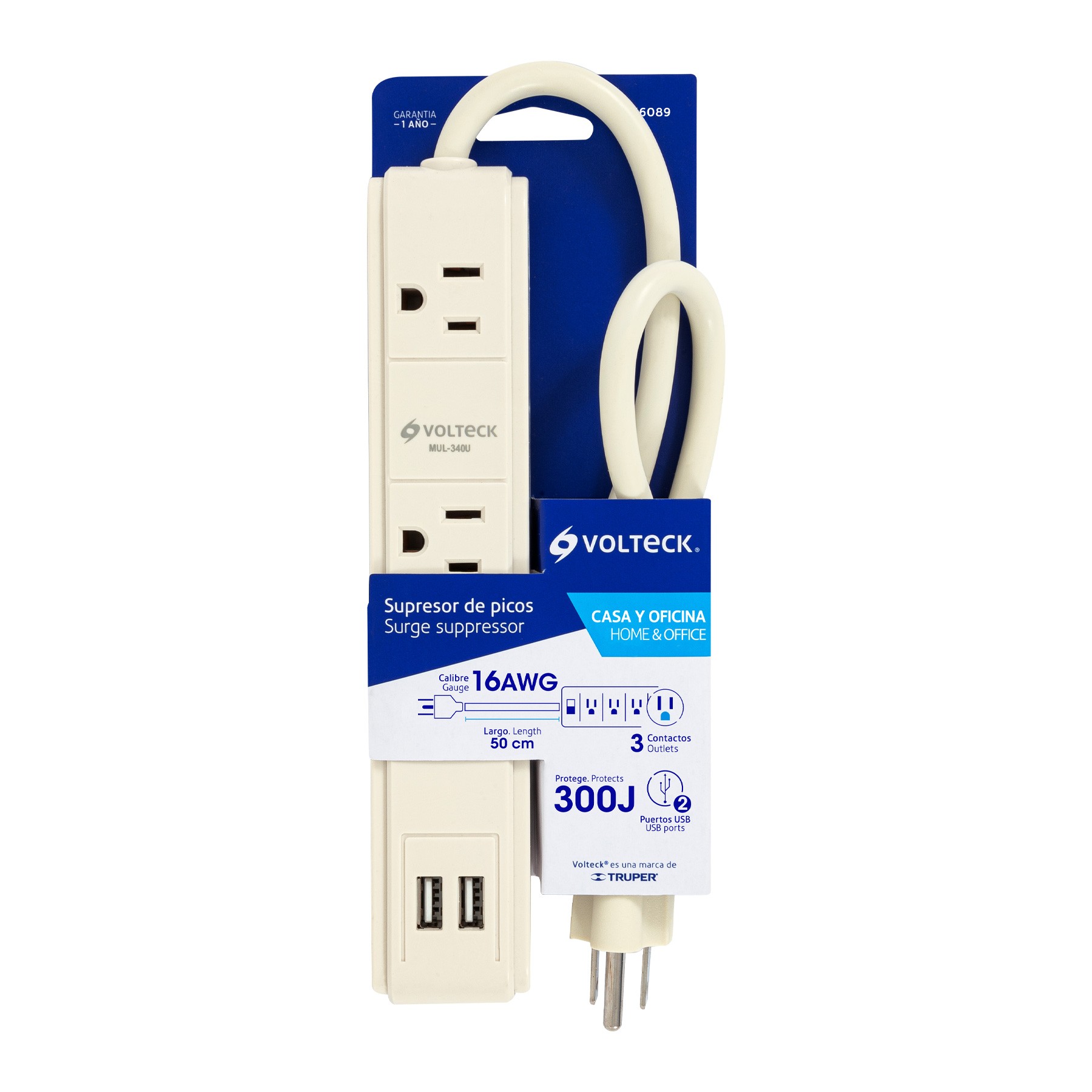 MULTICONTACTO 16 AWG 3 ENTRADAS 2 PUERTOS USB SUPRESOR 300 J VOLTECK 46089