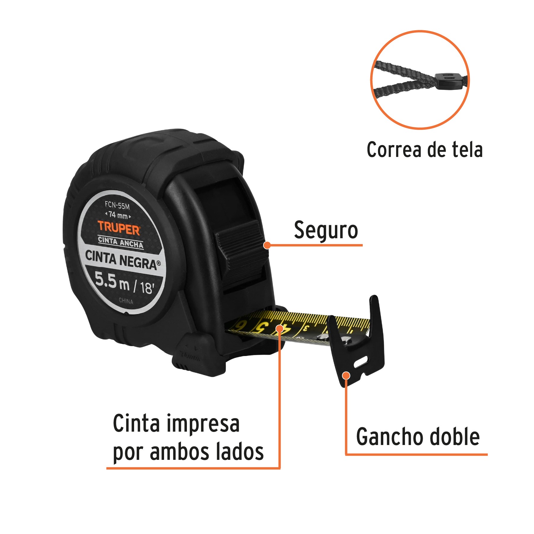 FLEXÓMETRO CONTRA IMPACTOS CINTA NEGRA X-ANCHA 27 MM 5.5 M TRUPER 11745