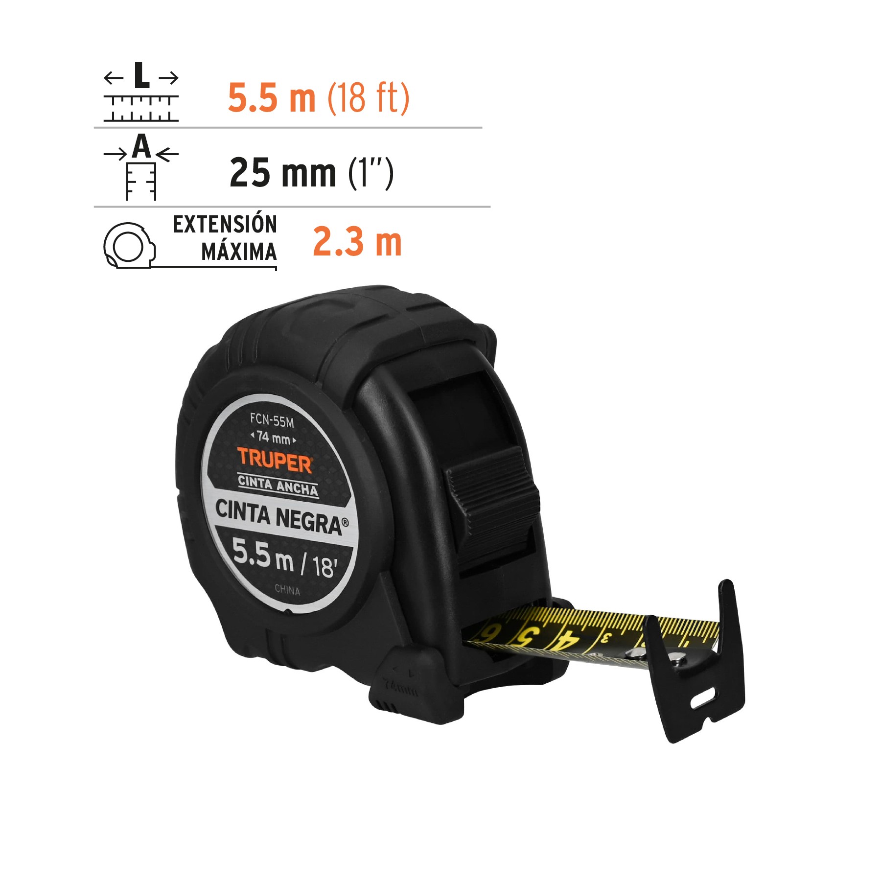 FLEXÓMETRO CONTRA IMPACTOS CINTA NEGRA X-ANCHA 27 MM 5.5 M TRUPER 11745