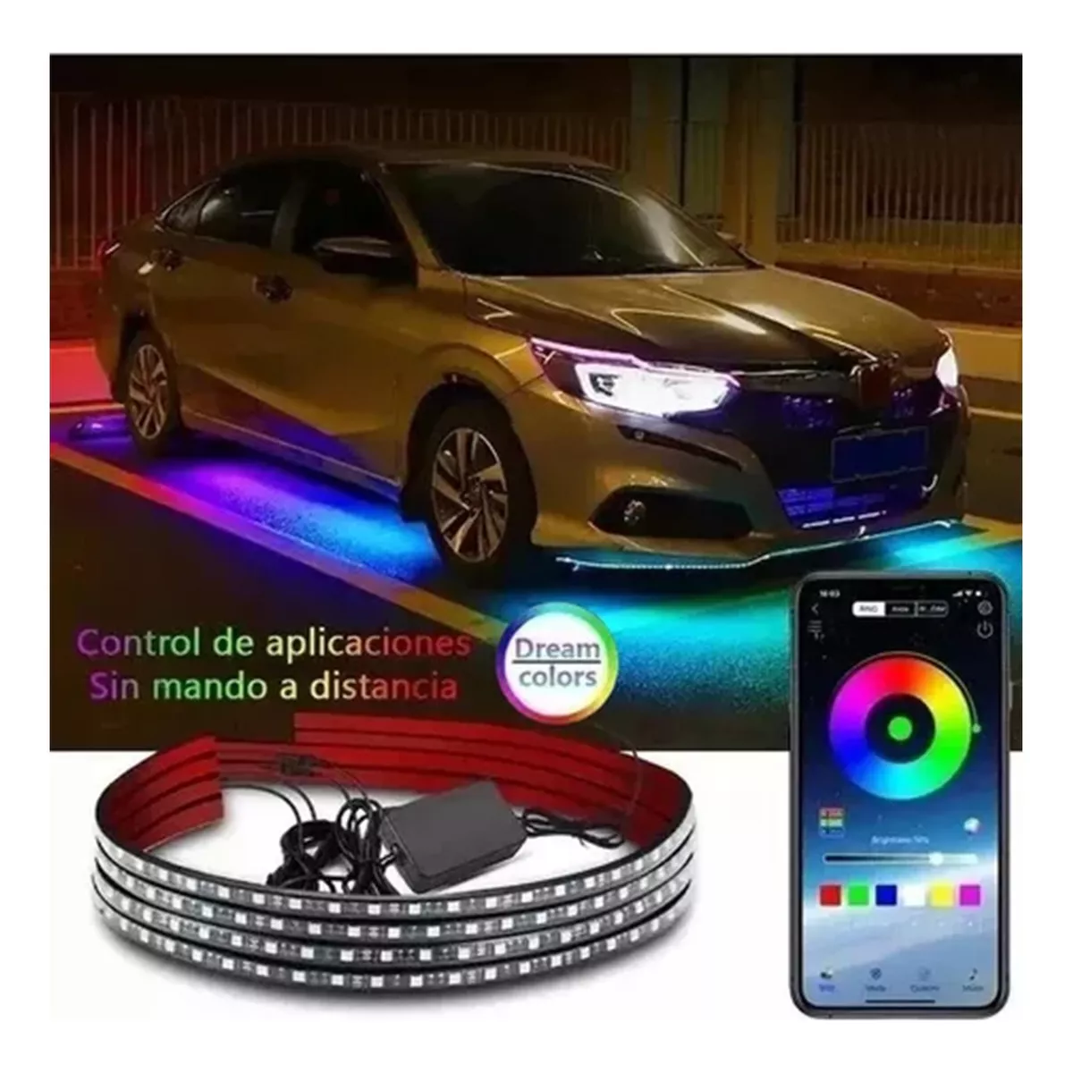 Comprar Tira Flexible de luces LED para debajo del cuerpo del coche,  Control por aplicación, luz de neón para coche, lámpara de ambiente  decorativa de Color fluido RGB