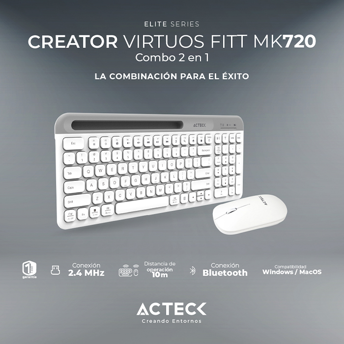 Kit Teclado y Mouse ACTECK VIRTUOS SILK MK720 Inalambrico USB-C Blanco AC-936262 