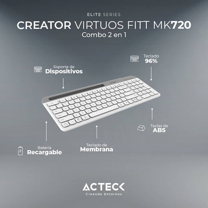 Kit Teclado y Mouse ACTECK VIRTUOS SILK MK720 Inalambrico USB-C Blanco AC-936262 