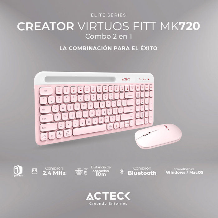 Kit Teclado y Mouse ACTECK VIRTUOS SILK MK720 Inalambrico USB-C Rosa AC-936279 