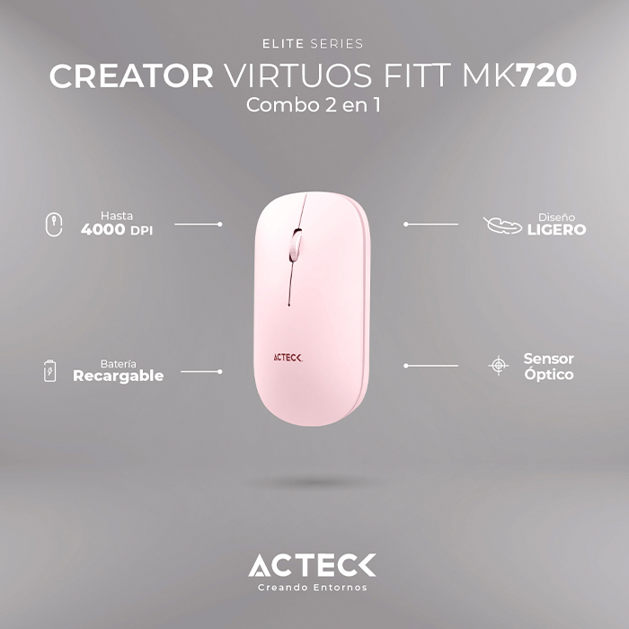 Kit Teclado y Mouse ACTECK VIRTUOS SILK MK720 Inalambrico USB-C Rosa AC-936279 