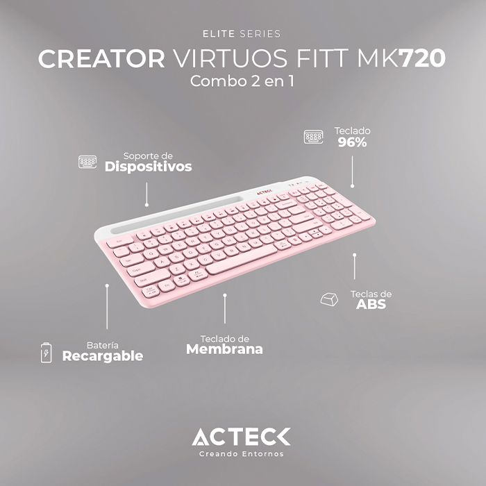 Kit Teclado y Mouse ACTECK VIRTUOS SILK MK720 Inalambrico USB-C Rosa AC-936279 
