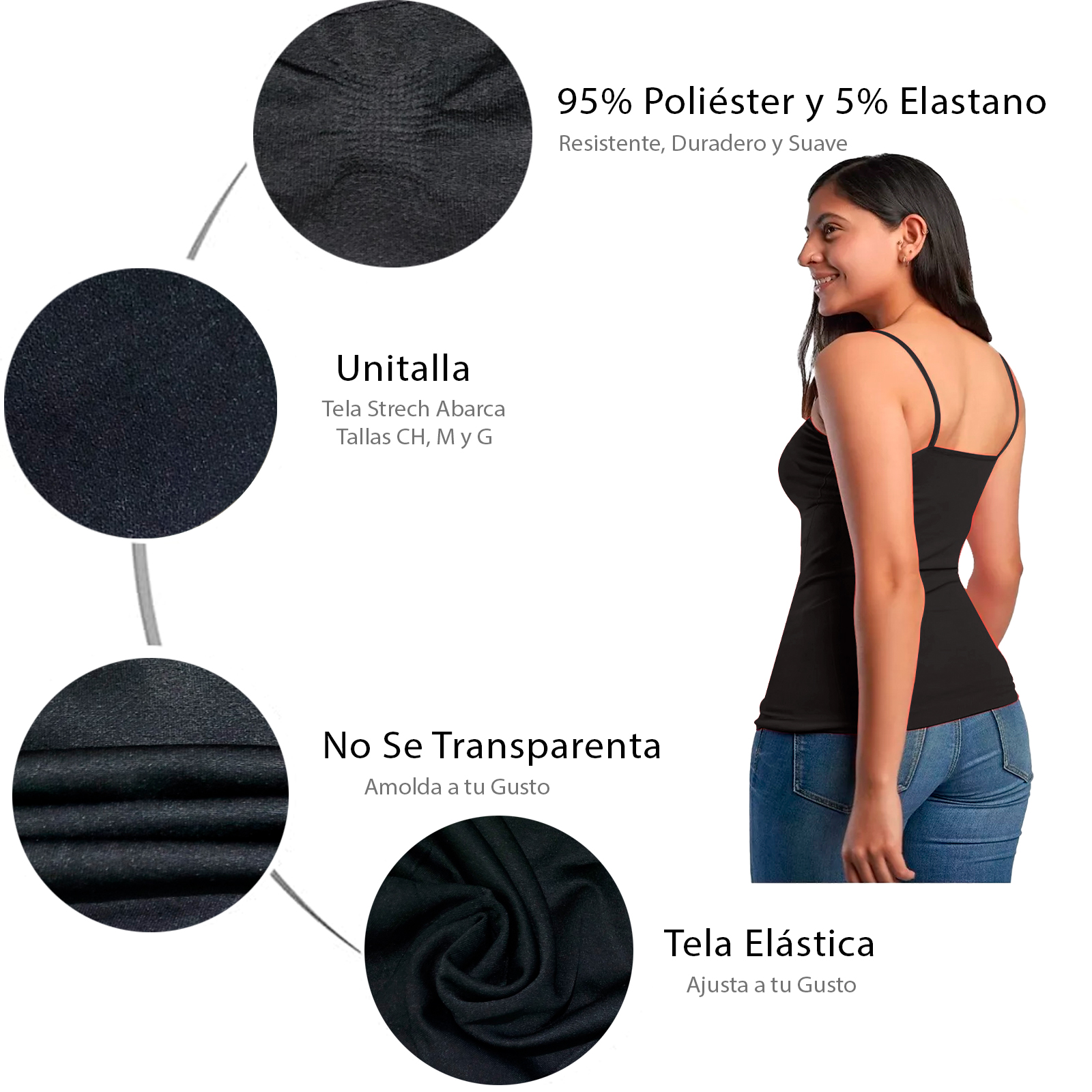 Blusa de Tirantes Mujer Color Negro Unitalla, Stretch, Casual, Basica, Sin Mangas, Playera, Camiseta, Uso Diario