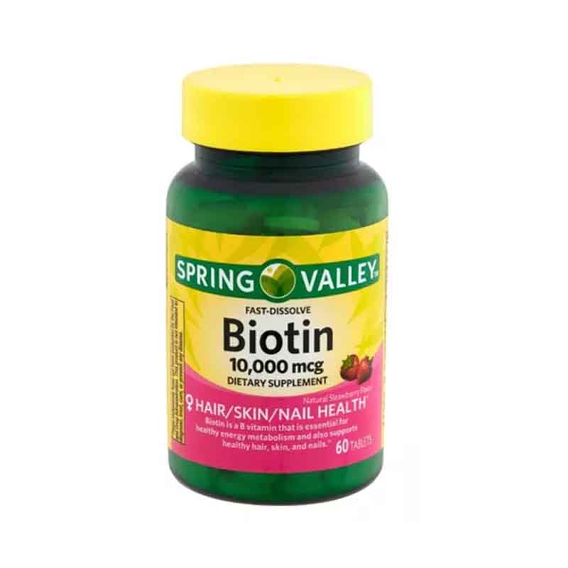 Biotina 10,000mcg 60 tablets Spring Valley Sabor Fresa Cabello, Uñas, Piel