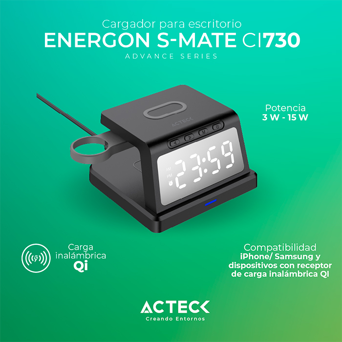 Cargador Inalambrico ACTECK ENERGON S-MATE CI730 iPhone IWatch AirPods USB- C Negro AC-937146