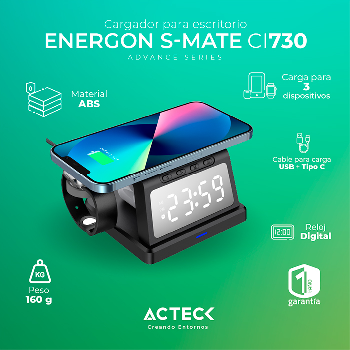 Cargador Inalambrico ACTECK ENERGON S-MATE CI730 iPhone IWatch AirPods USB- C Negro AC-937146