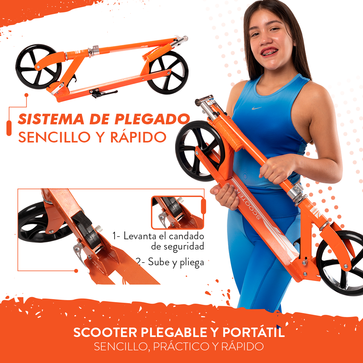 Scooter Plegable y Ajustable Patín Del Diablo Para Niños Y Adolescentes Color Naranja