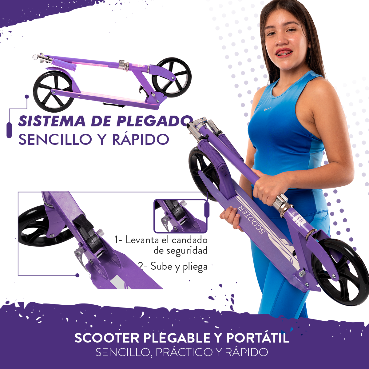 Scooter Plegable y Ajustable Patín Del Diablo Para Niños Y Adolescentes Color Morado