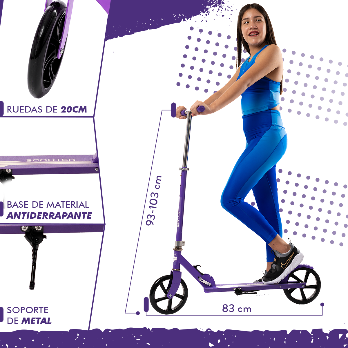 Scooter Plegable y Ajustable Patín Del Diablo Para Niños Y Adolescentes Color Morado