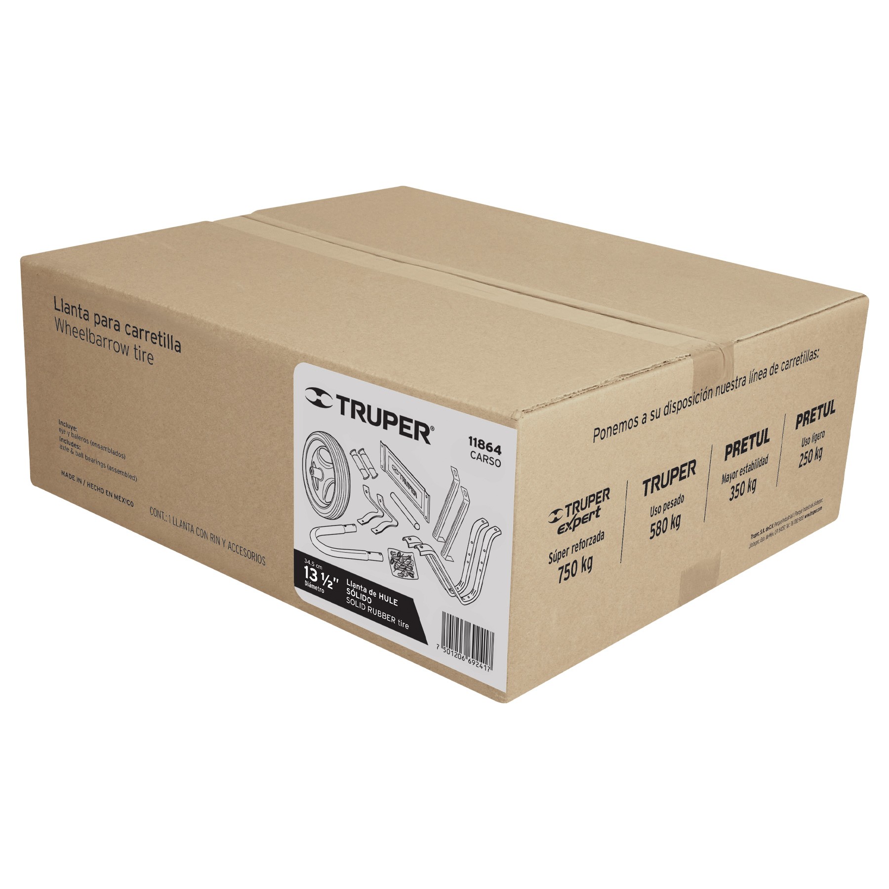 CAJA C/LLANTA HULE SÓLIDO Y ACCESORIOS P/CARRETILLA TRUPER 11864