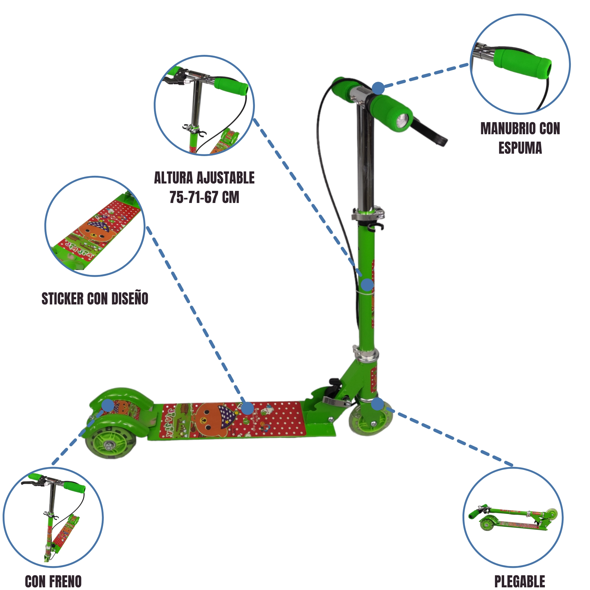 Patin del Diablo Scooter Tres Llantas con Luz y Freno de Mano  - Verde
