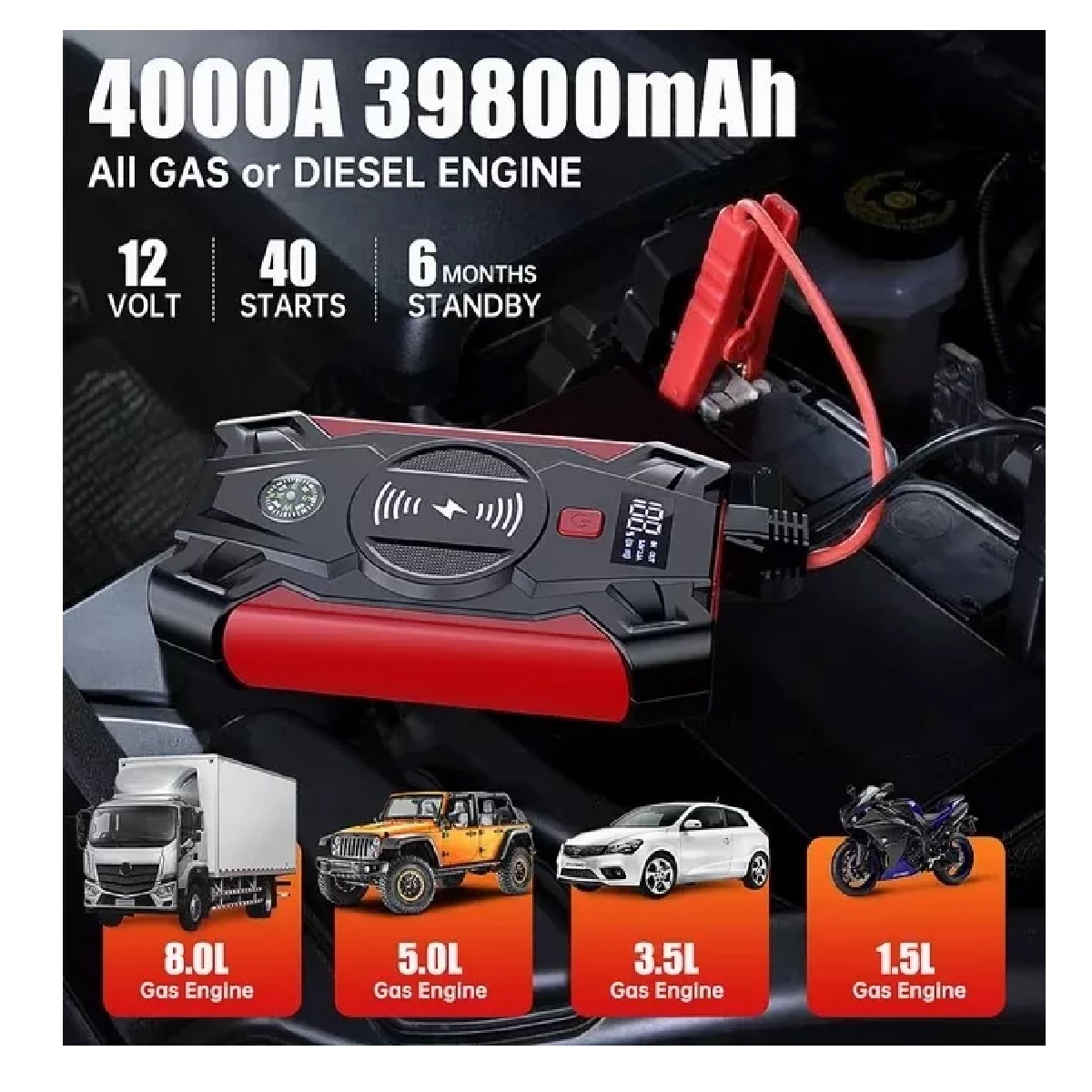 Arrancador De Batería De Auto Portátil 1500a 39800 Mah